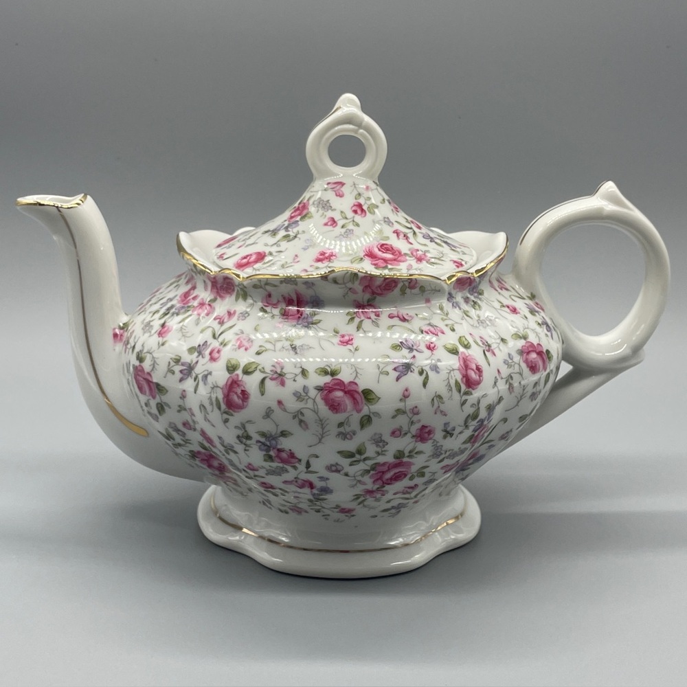 Lefton Pink Rose Chintz Porcelain Musical Teapot with Gold Accents 1950s